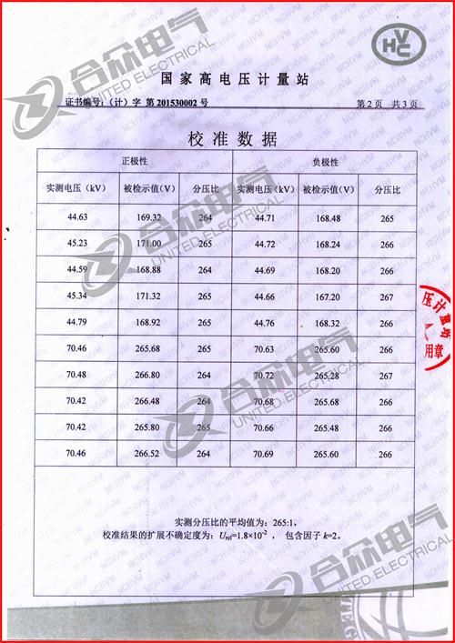 沖擊電壓發生器標準證書 沖擊電壓發生器標準證書